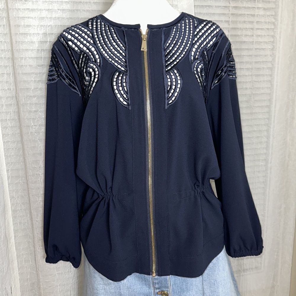 Cache 12 Navy Cutout Embroidered Lightweight Full Zip Bomber Jacket